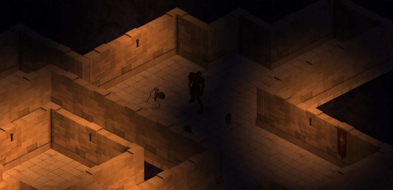 A torch-lit dungeon floor with a horned demon and a skeleton warrior