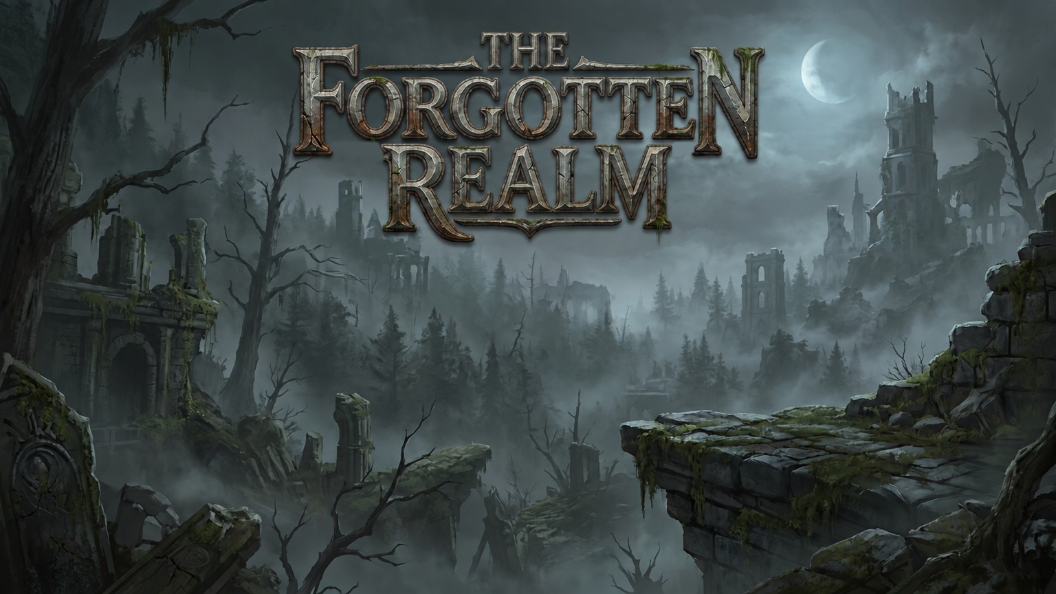 The Forgotten Realm: misty ruins and a forest under a crescent moon, seen from a mossy cliff